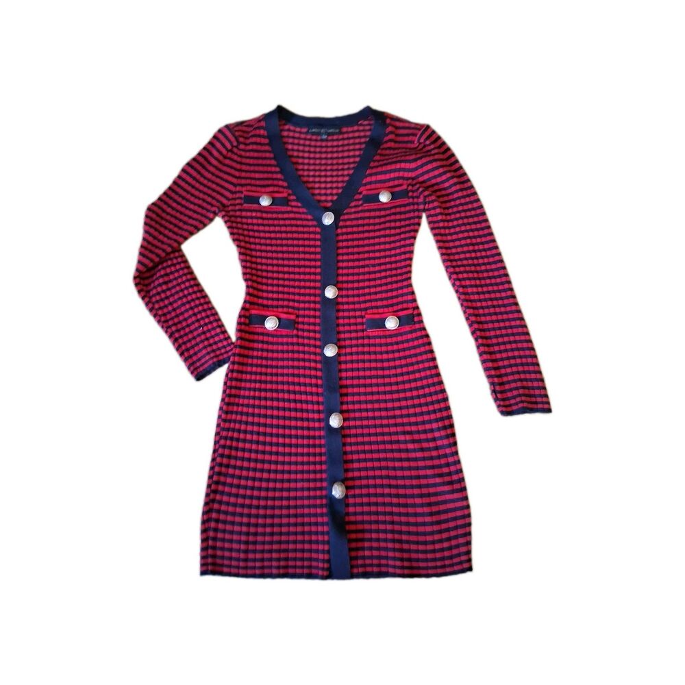 Almost Famous Red/Black Ribbed V-Neck Sweater Dress Mini Gold Detail JR Size L